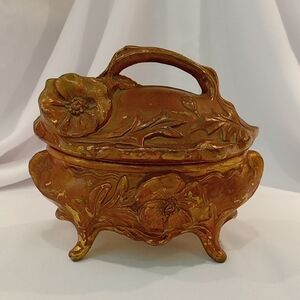 Antique Metal Jewelry Box With Flowers And Leaves